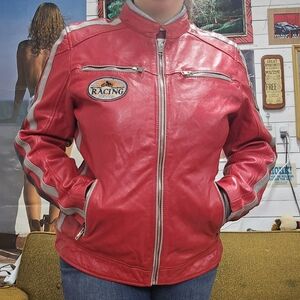Y2K Cherry Red Leather Coat Striped Racing Jacket Retro Patches Open Road 2000s